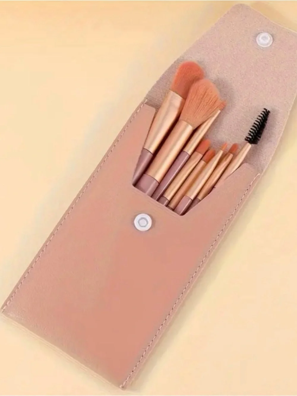 Pink Handheld Makeup Mirror & 8pc Travel Brush Set Case Cute Beauty Gift Bundle
